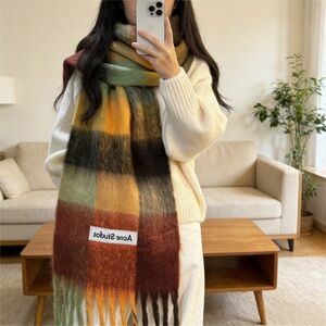 Acne Colorful Plaid Scarf in Green, Yellow, and Brown